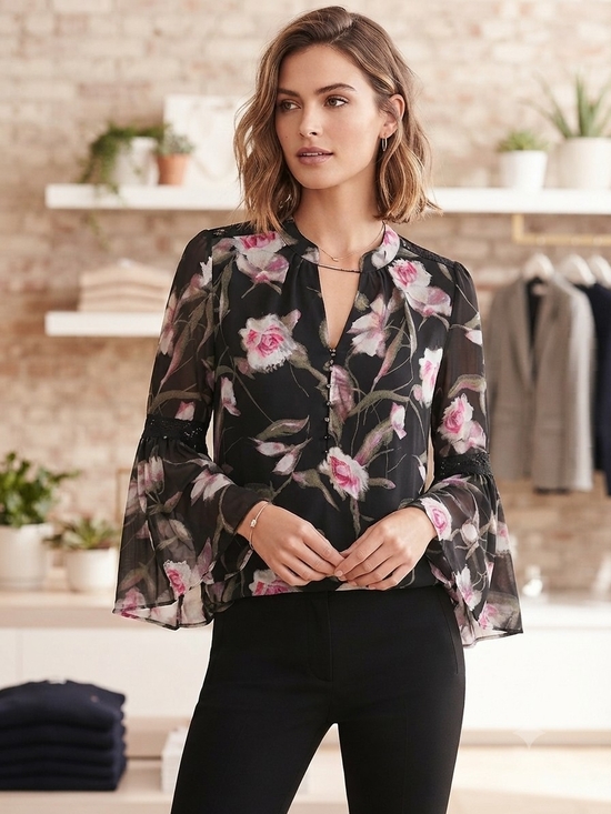 White House Black Market Tops - White House Black Market Black Floral Split-Neck Bell Sleeve Top